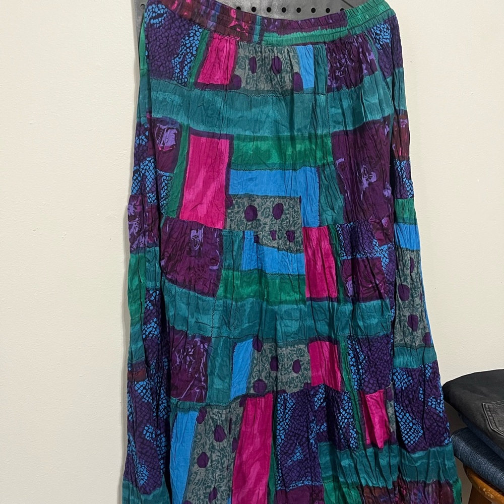 Bohemian Patchwork Maxi Skirt in Teal, Purple & Magenta